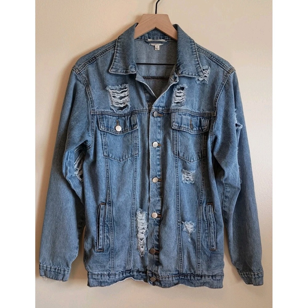 Umgee Oversized Distressed Denim Jean Jacket Sz Small Button Front‎ Trucker Boho